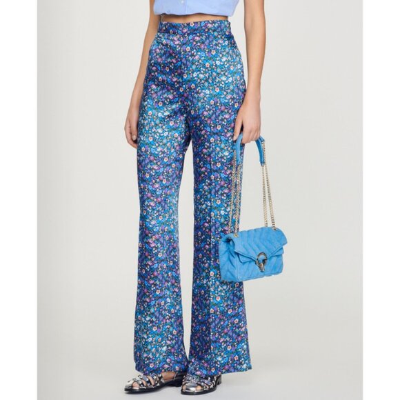 Sandro | Donelo Satin Floral Print Flare Pants In Purple/Blue - Picture 4 of 16